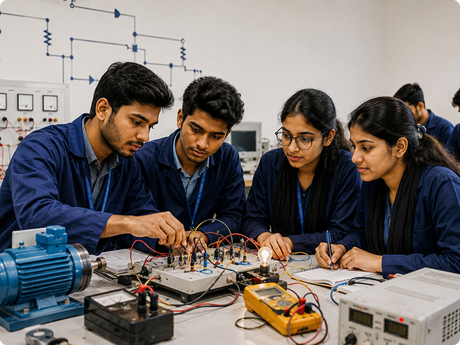 Students collaborating in a lab at RTM-AKTU