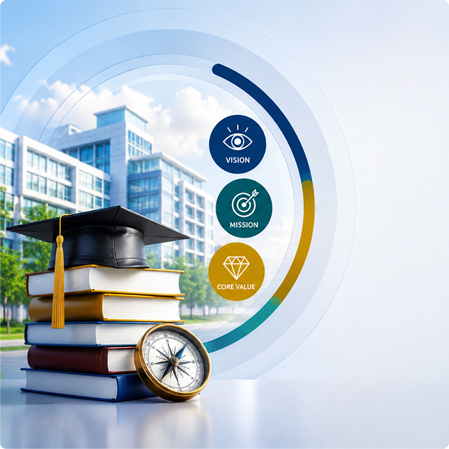 Illustration representing the university's vision, mission and values