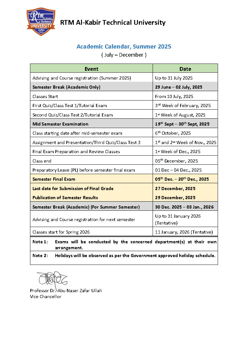 RTM-AKTU Academic Calendar, Summer 2026 (July to December)